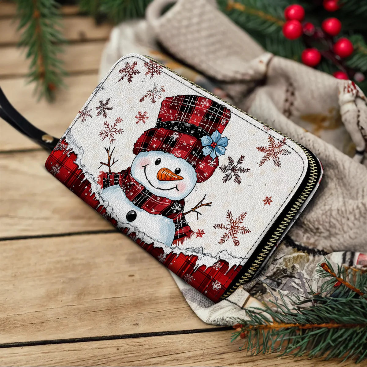  Leather Clutch Purse With Wristlet Strap Handle Plaid Snowman Joy