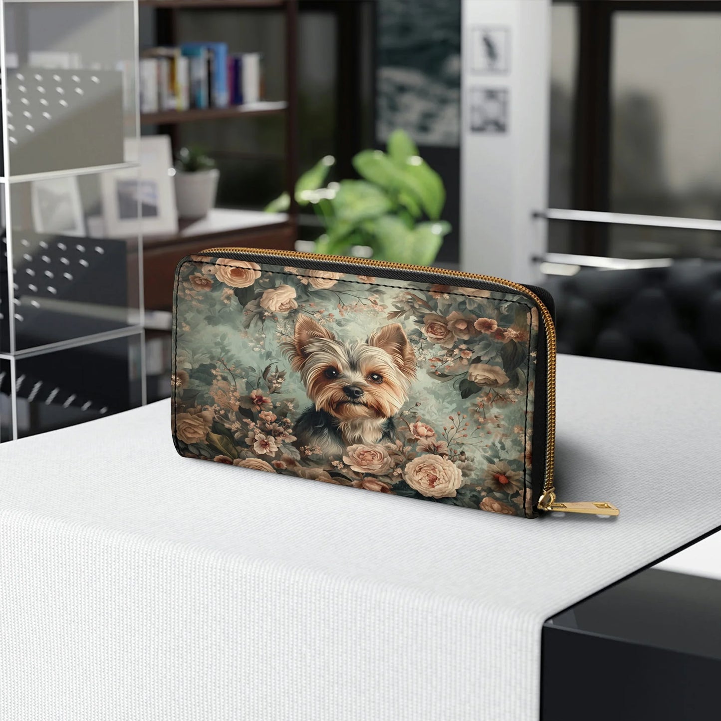  Leather Clutch Purse With Wristlet Strap Handle Yorkie Blossom Luxe