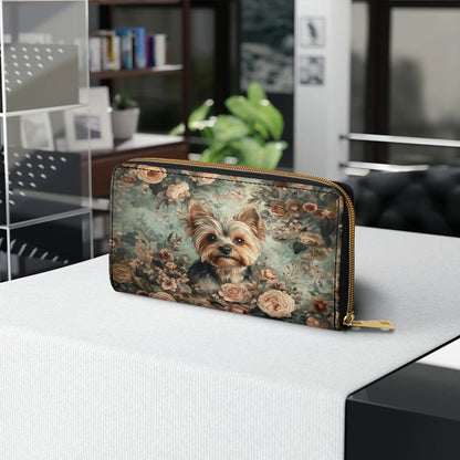 Leather Clutch Purse With Wristlet Strap Handle Yorkie Blossom Luxe