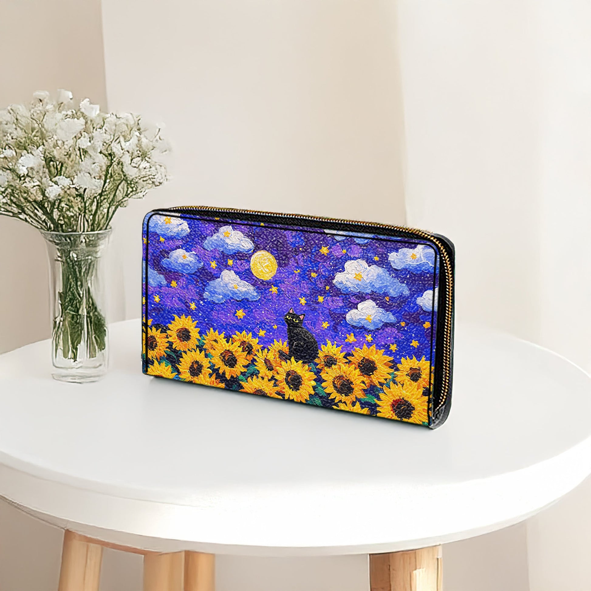  Leather Clutch Purse With Wristlet Strap Handle Starry Cat With Sunflower