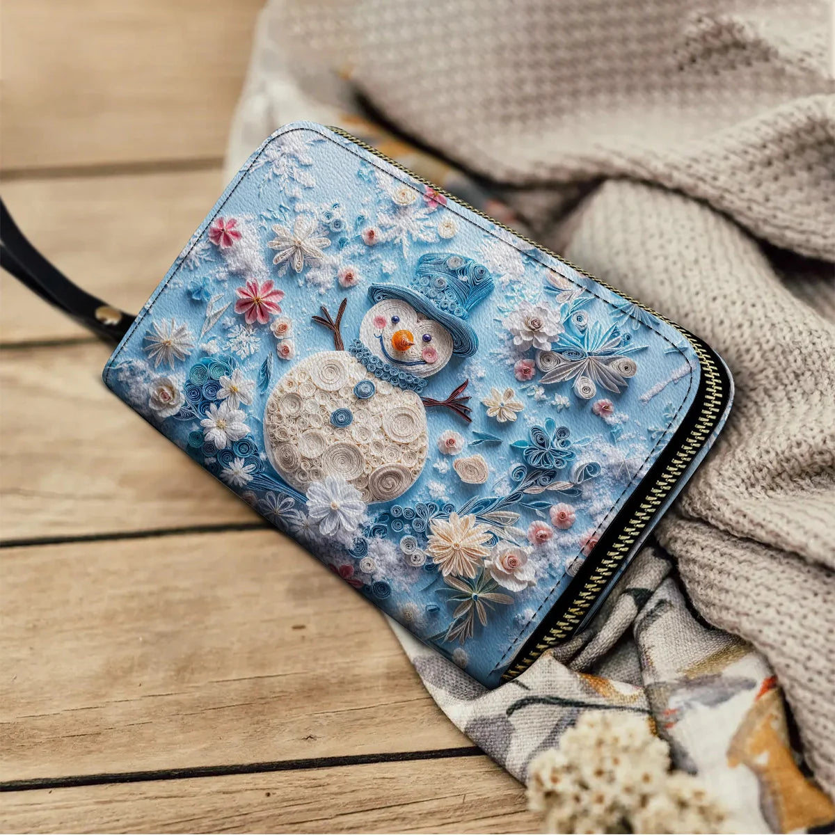  Leather Clutch Purse With Wristlet Strap Handle Happy Snowman