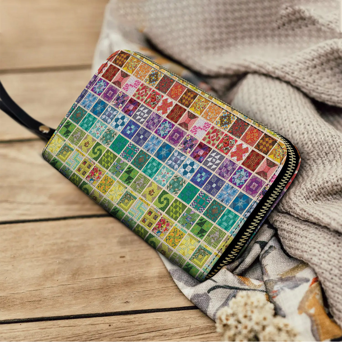  Leather Clutch Purse With Wristlet Strap Handle Traditional Quilting Blocks 3
