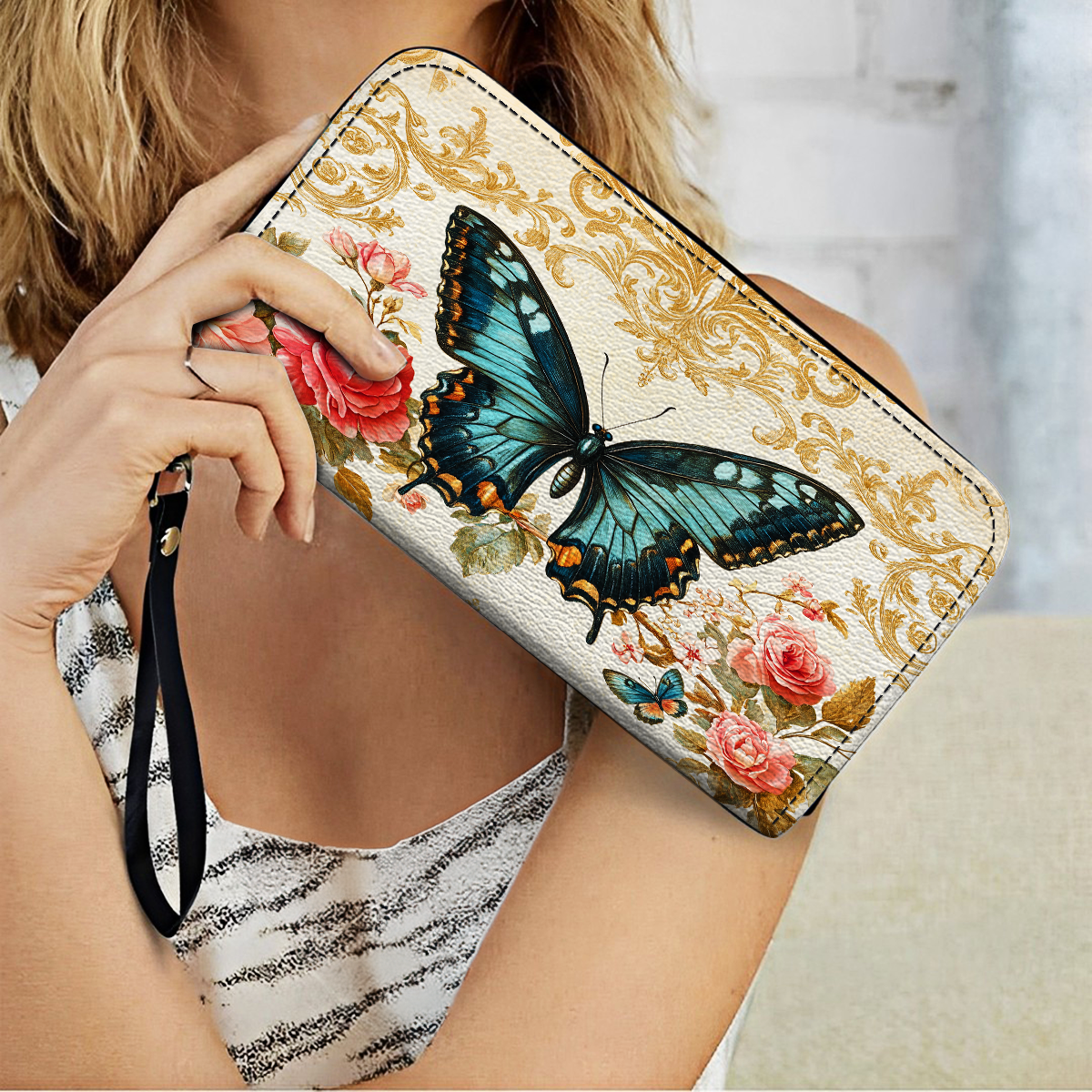  Leather Clutch Purse With Wristlet Strap Handle Butterfly Rose Whisper