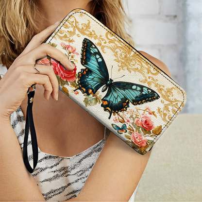  Leather Clutch Purse With Wristlet Strap Handle Butterfly Rose Whisper