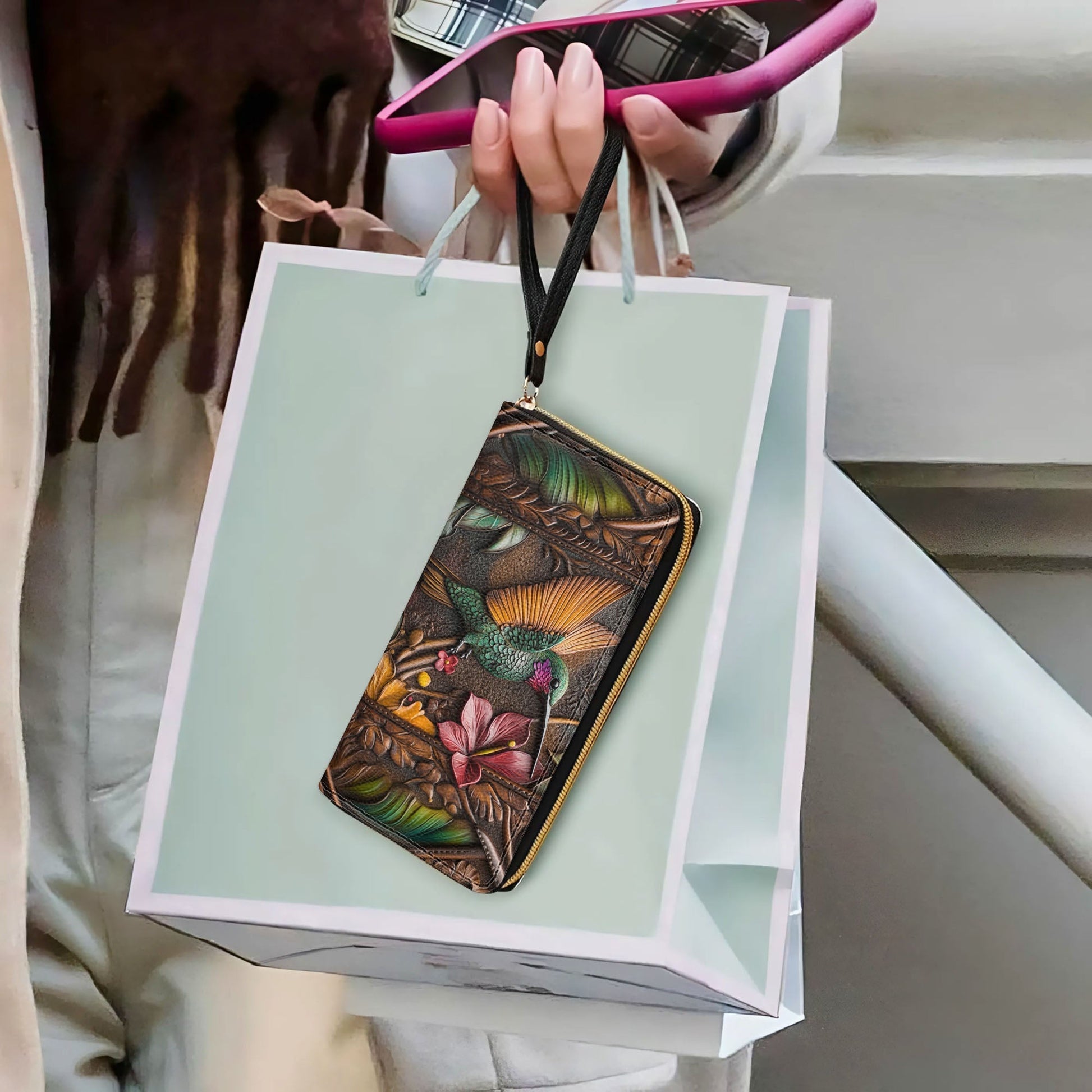  Leather Clutch Purse With Wristlet Strap Handle Embossed Hummingbird
