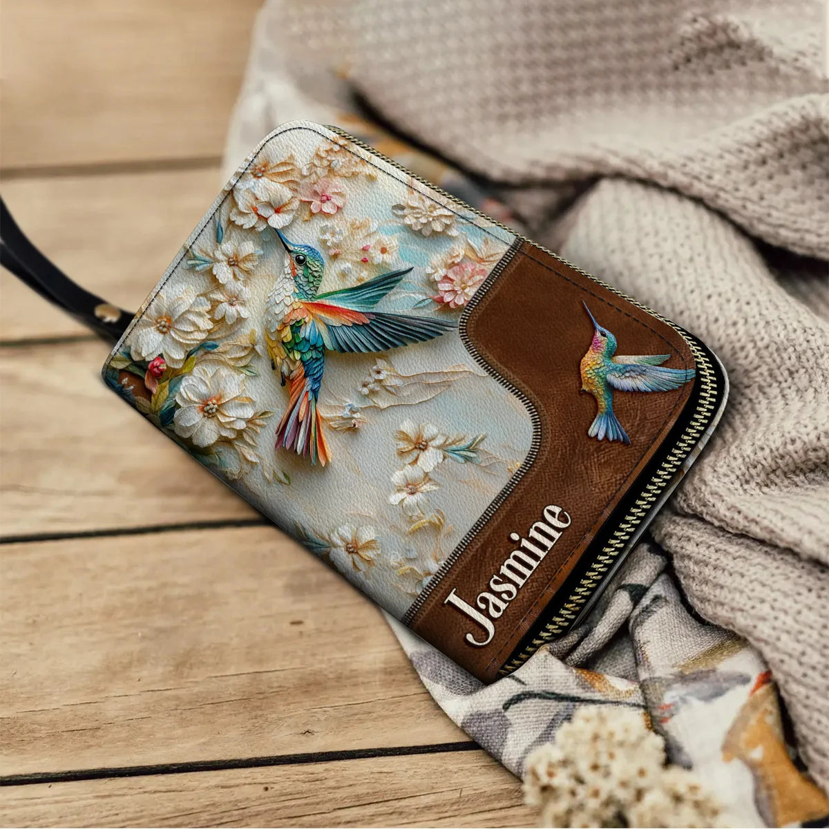  Leather Clutch Purse With Wristlet Strap Handle Personalized Wings of Bloom