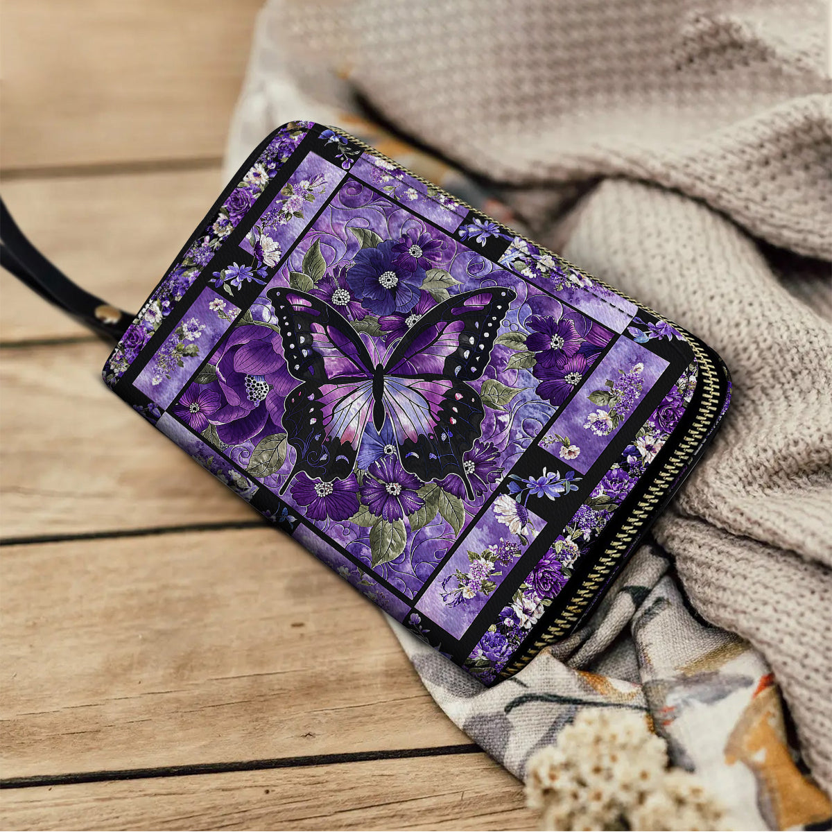  Leather Clutch Purse With Wristlet Strap Handle Gorgeous Purple Butterfly Flowers