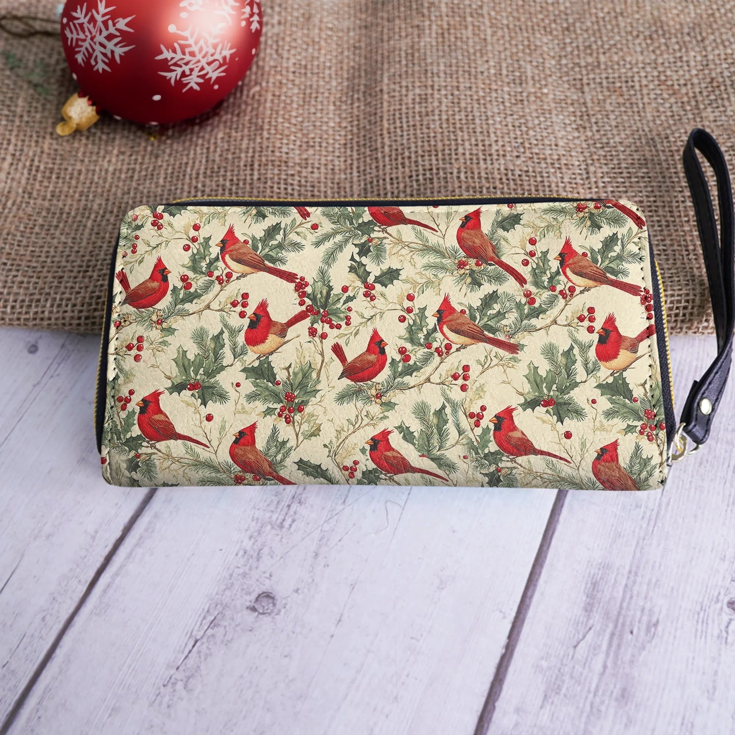  Leather Clutch Purse With Wristlet Strap Handle Winter Cardinal Harmony