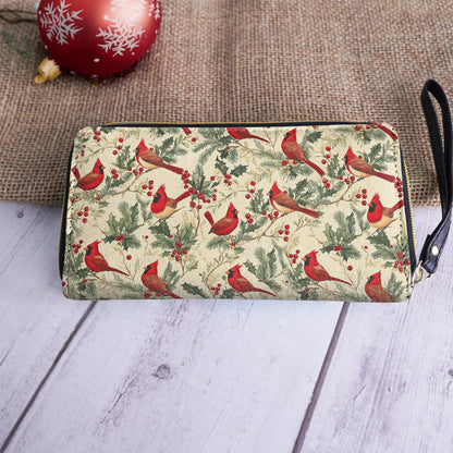  Leather Clutch Purse With Wristlet Strap Handle Winter Cardinal Harmony