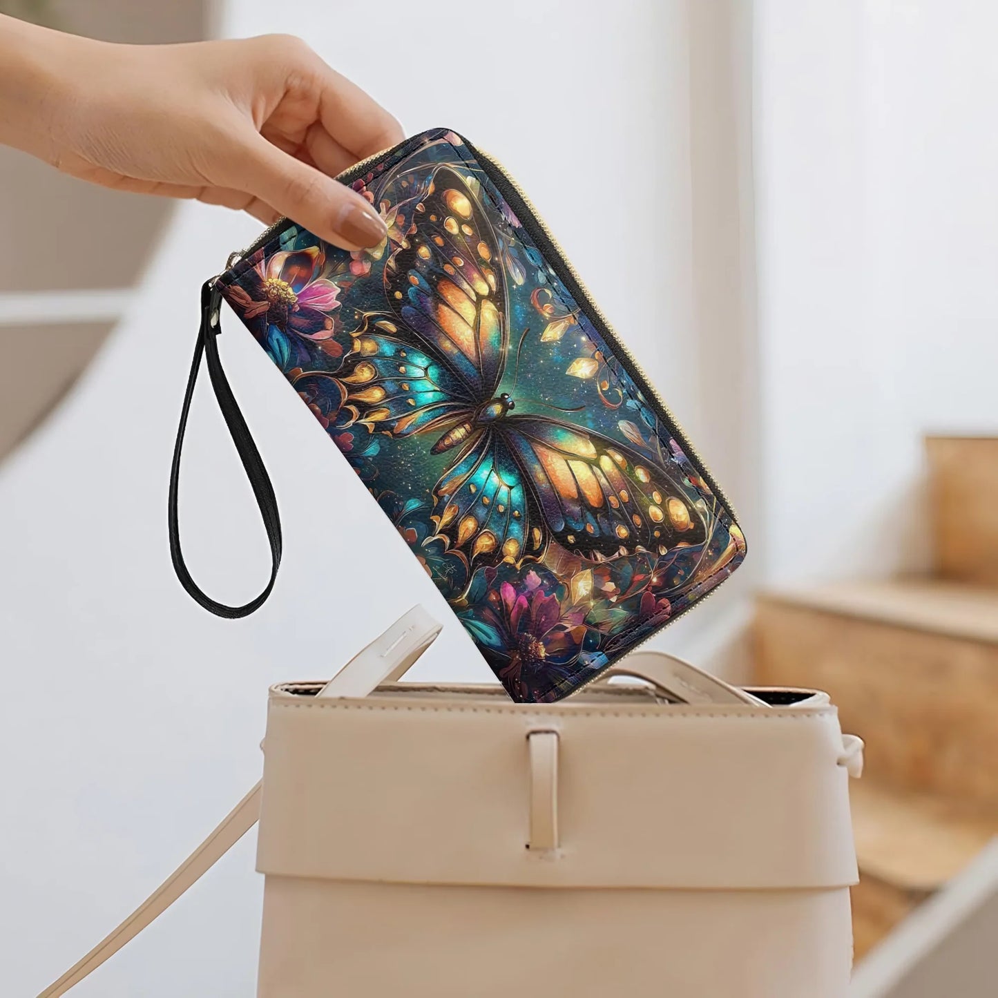  Leather Clutch Purse With Wristlet Strap Handle Butterfly Twilight Glow