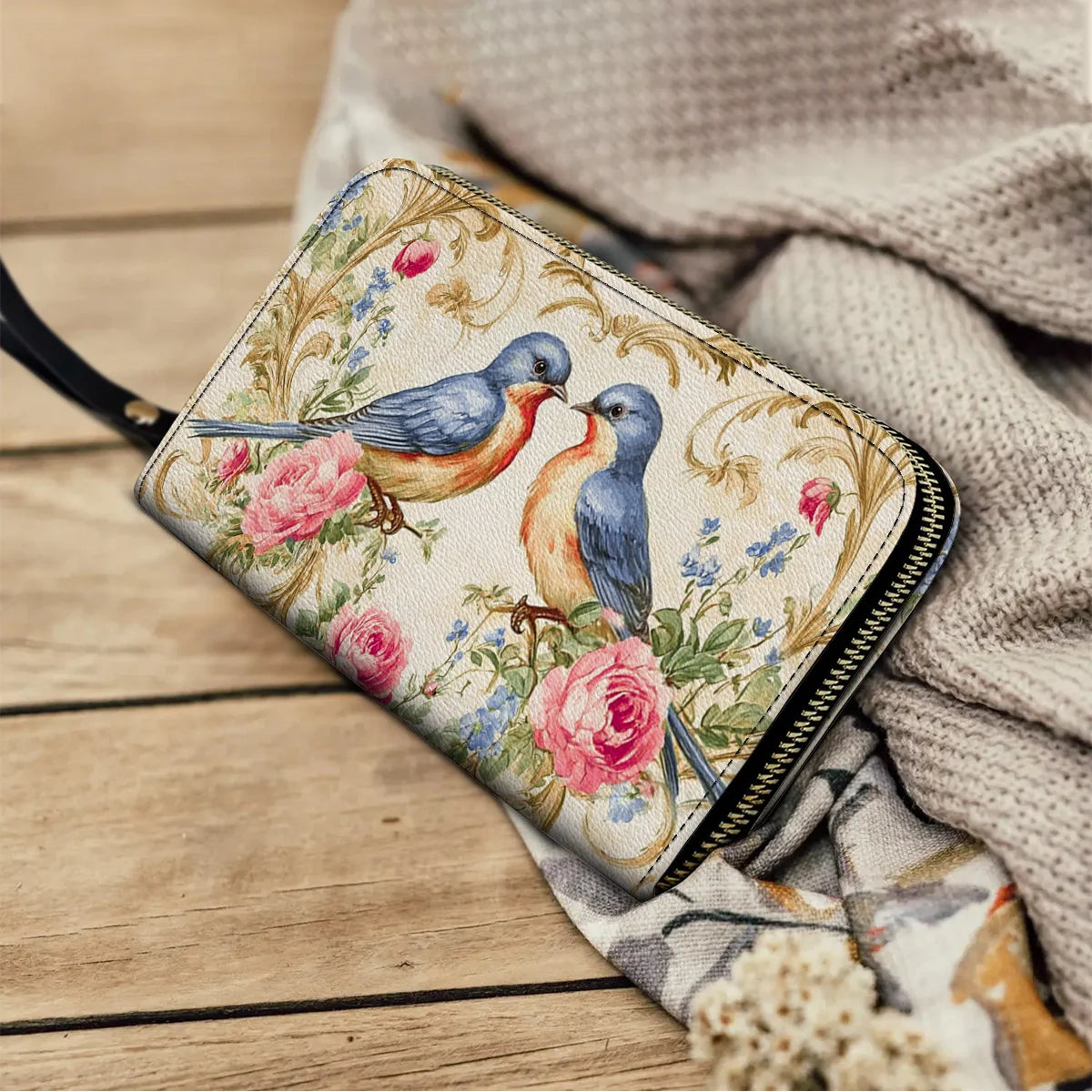  Leather Clutch Purse With Wristlet Strap Handle Bluebird Serenade