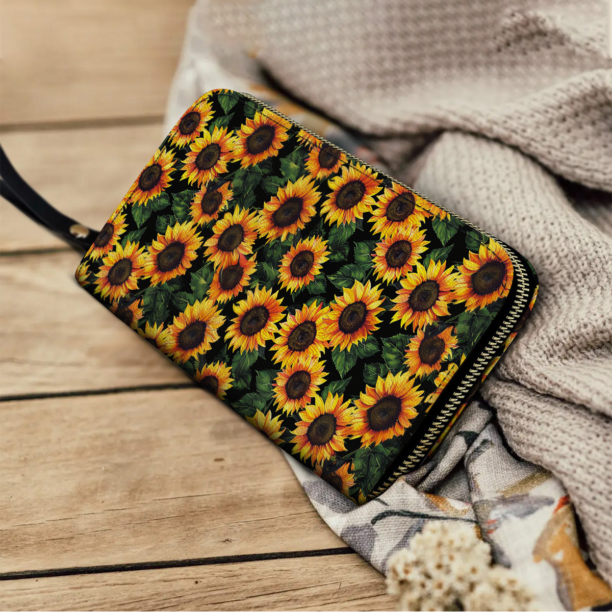  Leather Clutch Purse With Wristlet Strap Handle Sunflower Bliss