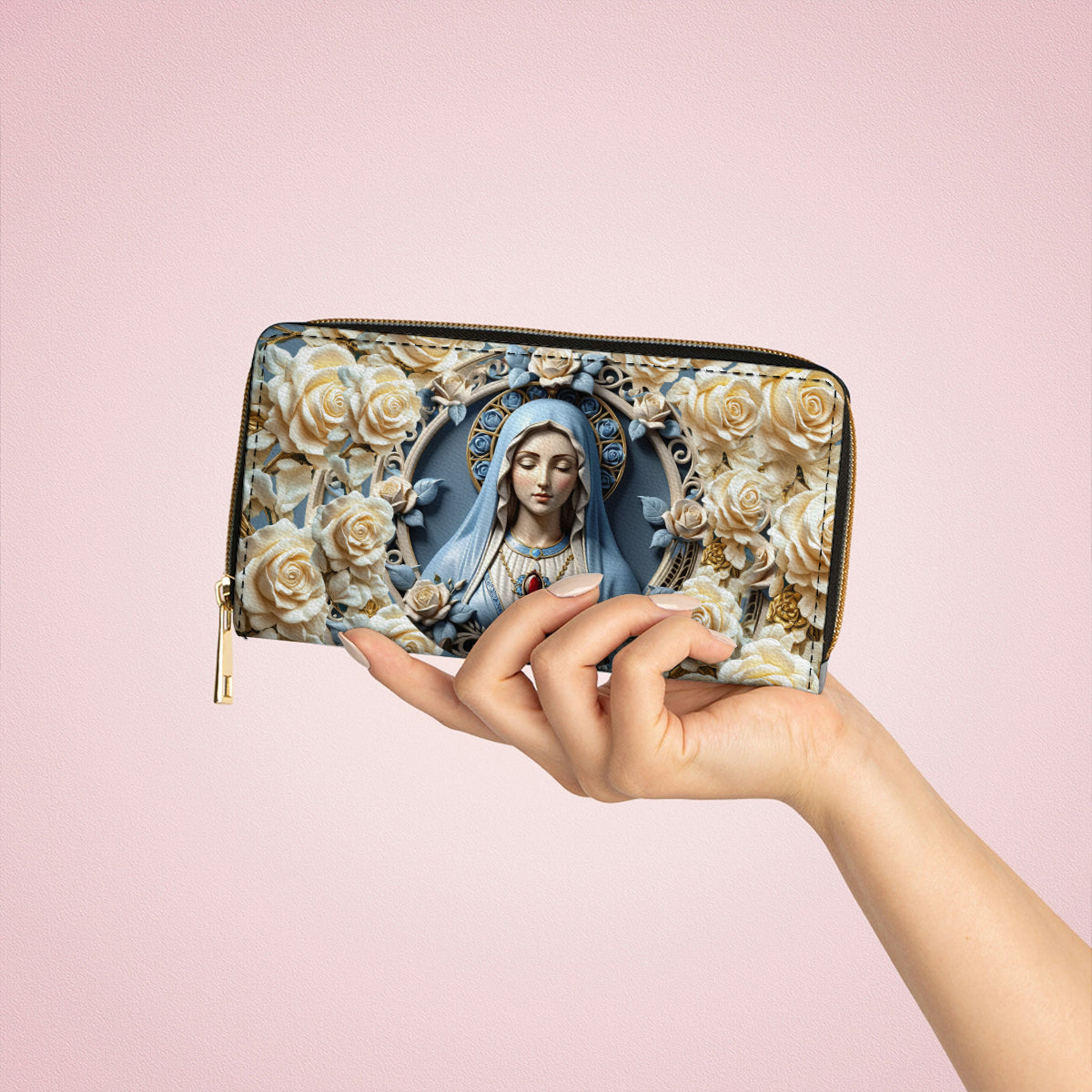  Leather Clutch Purse With Wristlet Strap Handle Blessed Virgin Mary