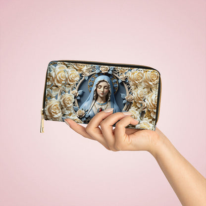  Leather Clutch Purse With Wristlet Strap Handle Blessed Virgin Mary