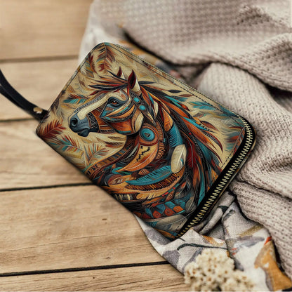  Leather Clutch Purse With Wristlet Strap Handle Tribal Spirit Stallion