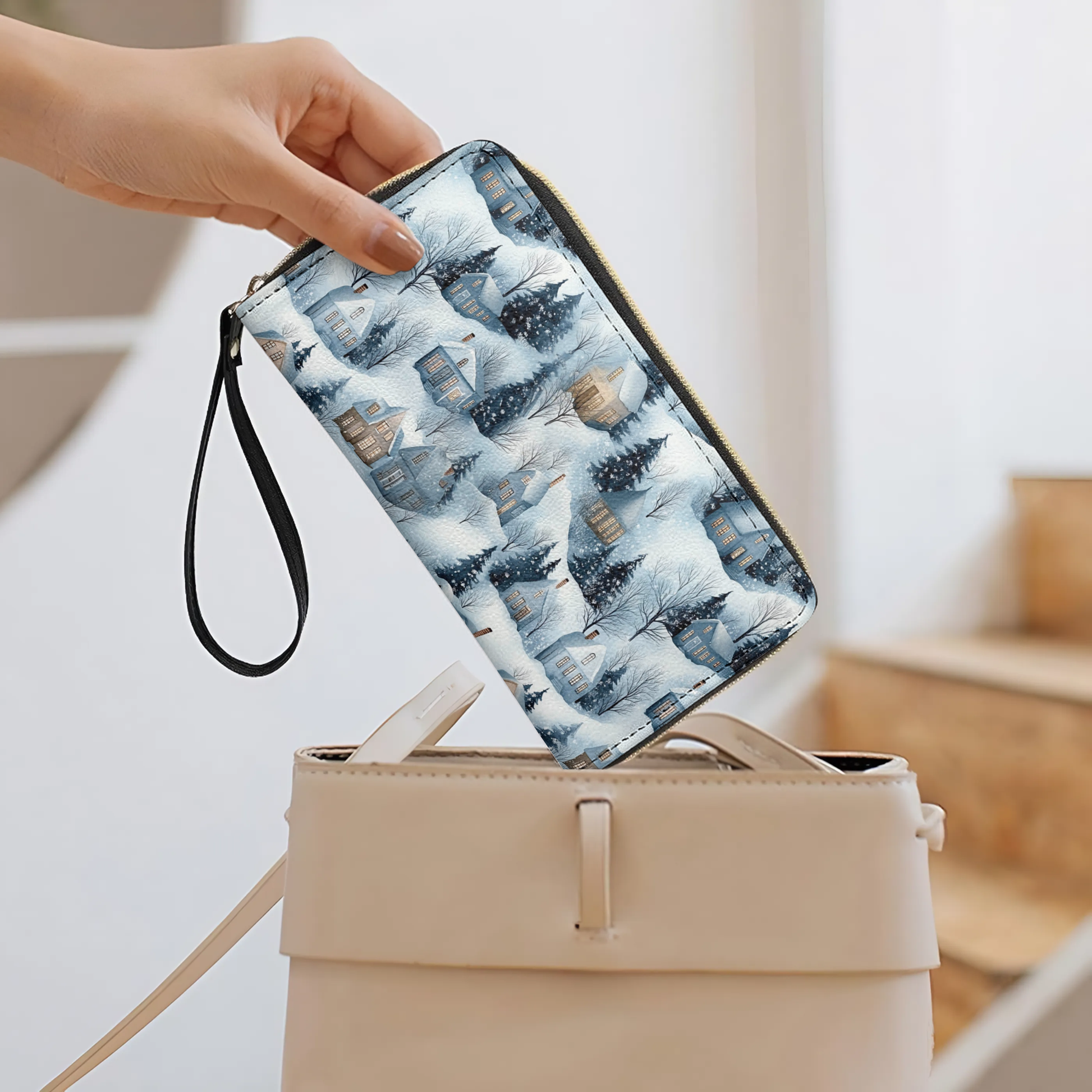  Leather Clutch Purse With Wristlet Strap Handle Snow Village