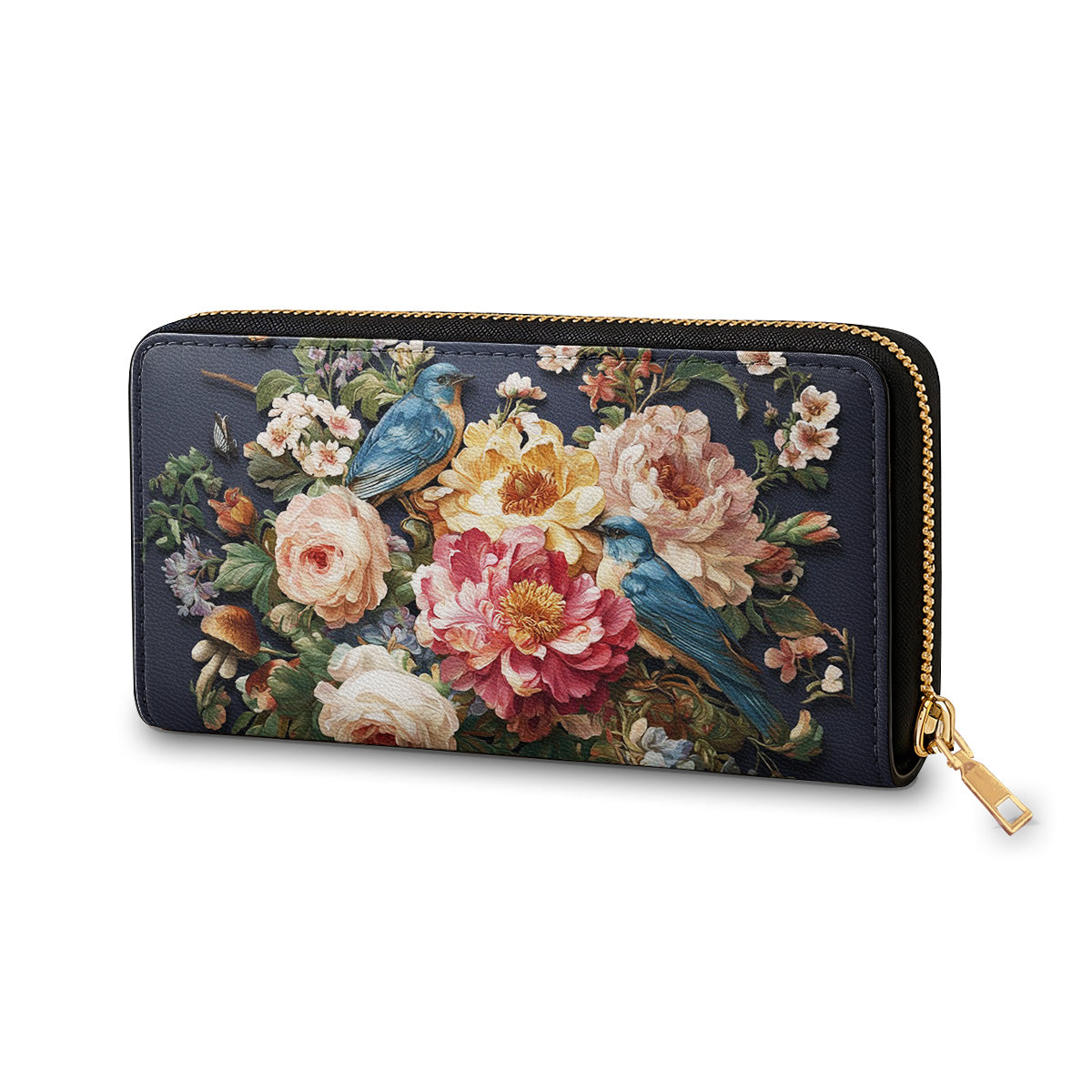  Leather Clutch Purse With Wristlet Strap Handle Midnight Bluebird Garden