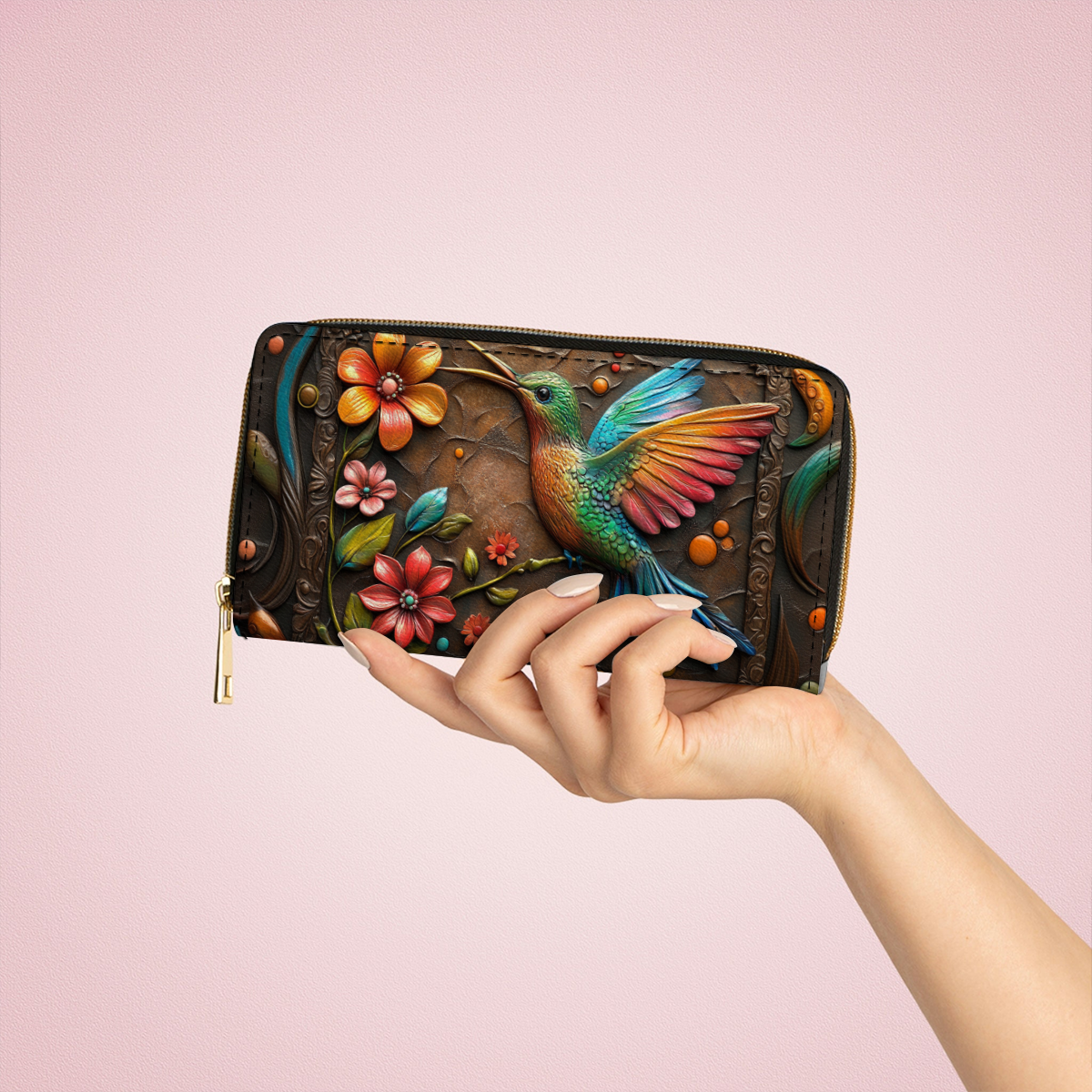  Leather Clutch Purse With Wristlet Strap Handle Hummingbird And Flower