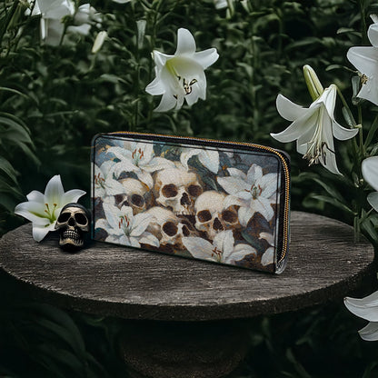  Leather Clutch Purse With Wristlet Strap Handle Mystic Skull & White Lilies