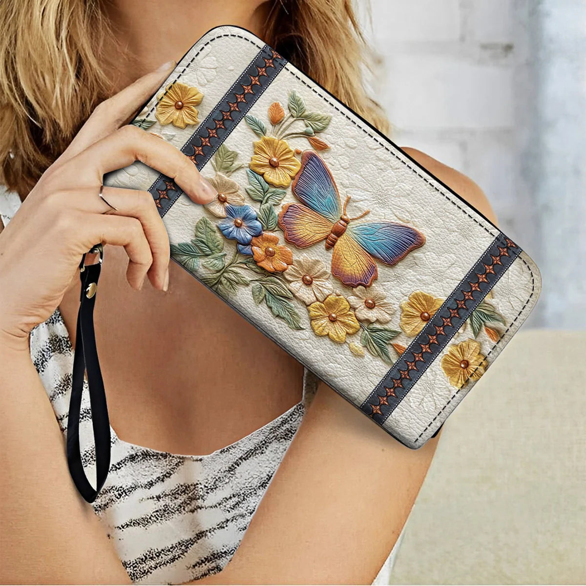  Leather Clutch Purse With Wristlet Strap Handle Butterfly Enchantment