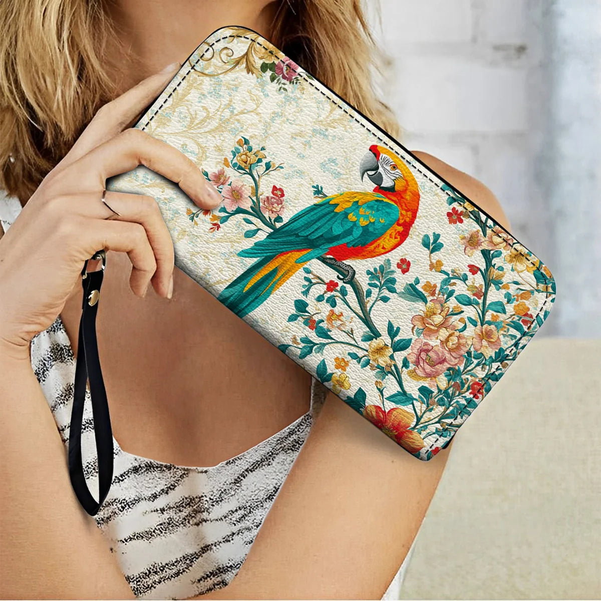  Leather Clutch Purse With Wristlet Strap Handle Macaw Enchantment