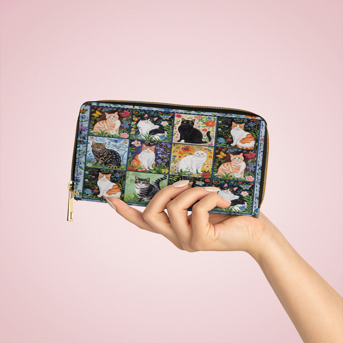 Leather Clutch Purse With Wristlet Strap Handle Cat Floral Felines