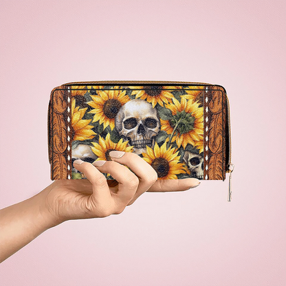  Leather Clutch Purse With Wristlet Strap Handle Sunflower Skull