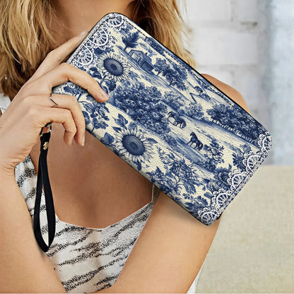  Leather Clutch Purse With Wristlet Strap Handle Texas Countryside Bloom