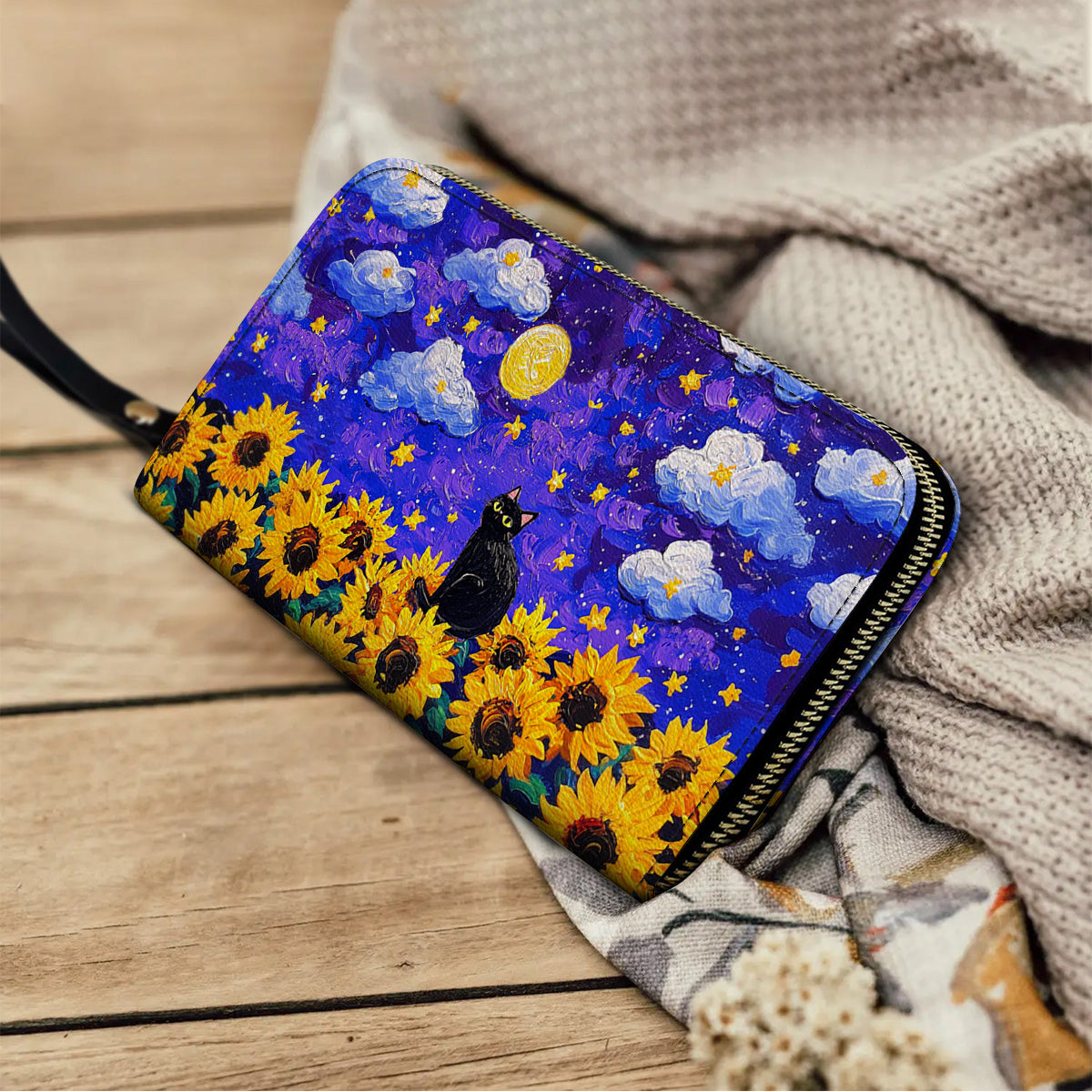  Leather Clutch Purse With Wristlet Strap Handle Starry Cat With Sunflower