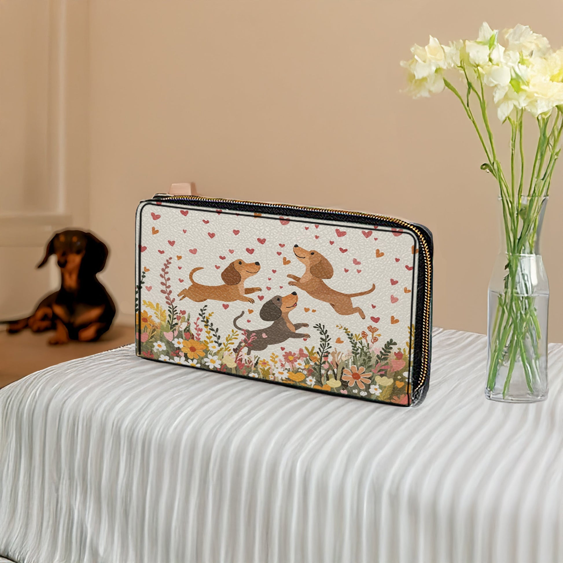  Leather Clutch Purse With Wristlet Strap Handle Floral Dachshund With Heart