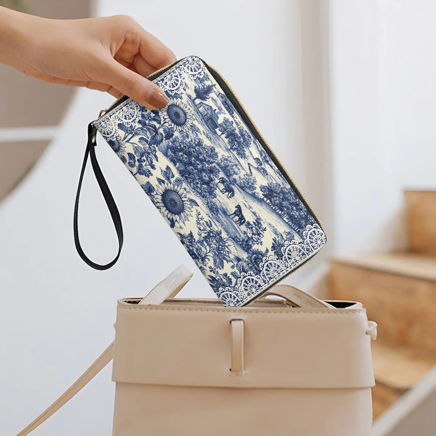  Leather Clutch Purse With Wristlet Strap Handle Texas Countryside Bloom