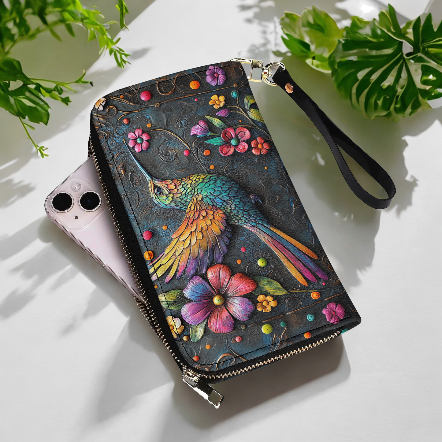  Leather Clutch Purse With Wristlet Strap Handle Hummingbird Gorgeous