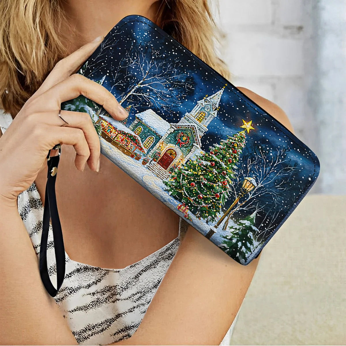  Leather Clutch Purse With Wristlet Strap Handle Christmas Church Serenity