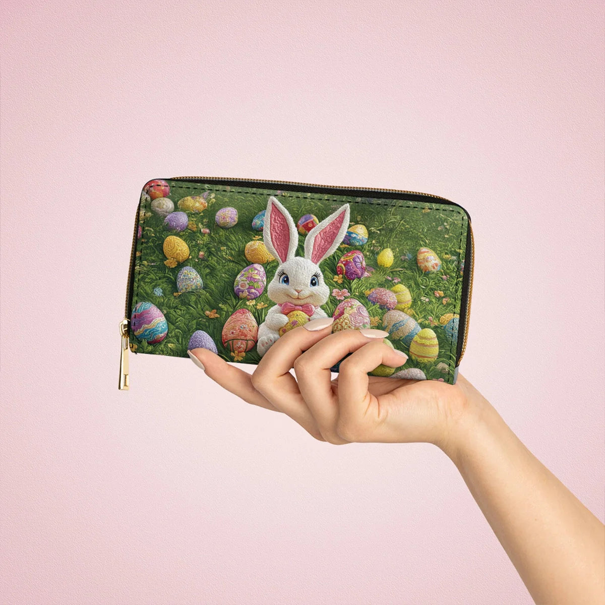  Leather Clutch Purse With Wristlet Strap Handle Easter Bunny