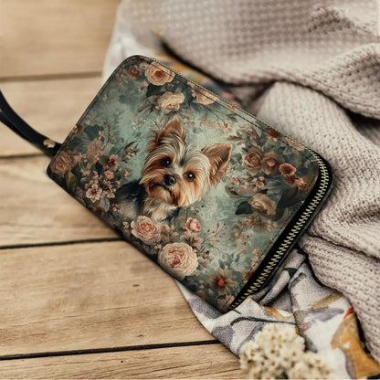  Leather Clutch Purse With Wristlet Strap Handle Yorkie Blossom Luxe