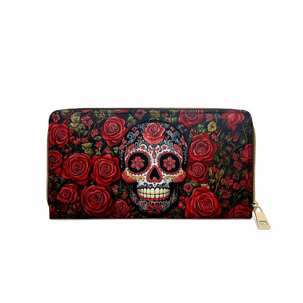  Leather Clutch Purse With Wristlet Strap Handle Roses & Sugar Skull Elegance