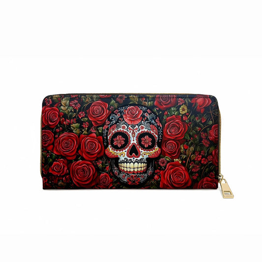  Leather Clutch Purse With Wristlet Strap Handle Roses & Sugar Skull Elegance