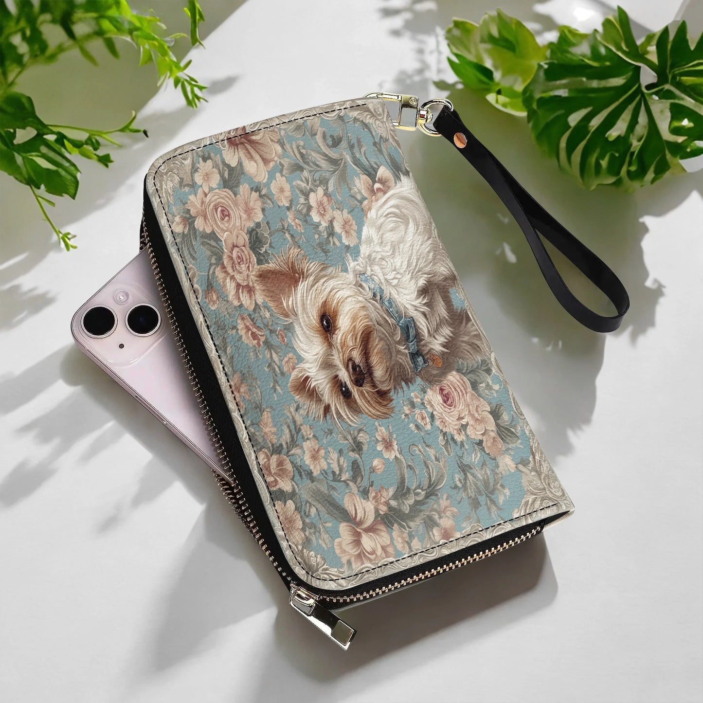  Leather Clutch Purse With Wristlet Strap Handle Yorkie Elegance