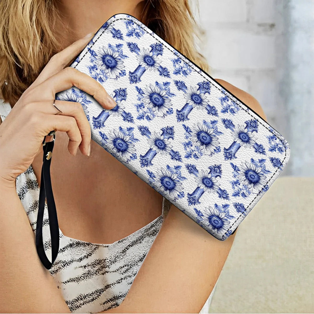  Leather Clutch Purse With Wristlet Strap Handle Sunflower Blooming With Grace