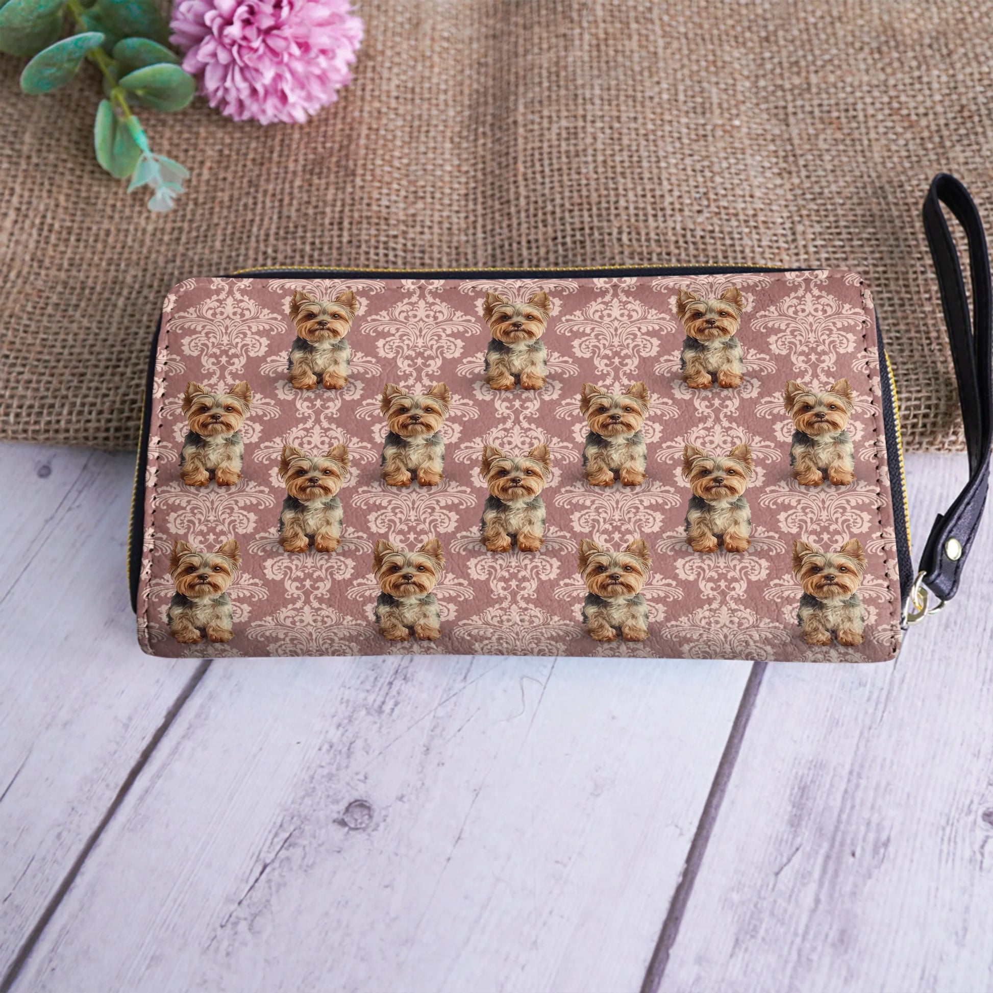  Leather Clutch Purse With Wristlet Strap Handle Elegant Yorkie Bliss