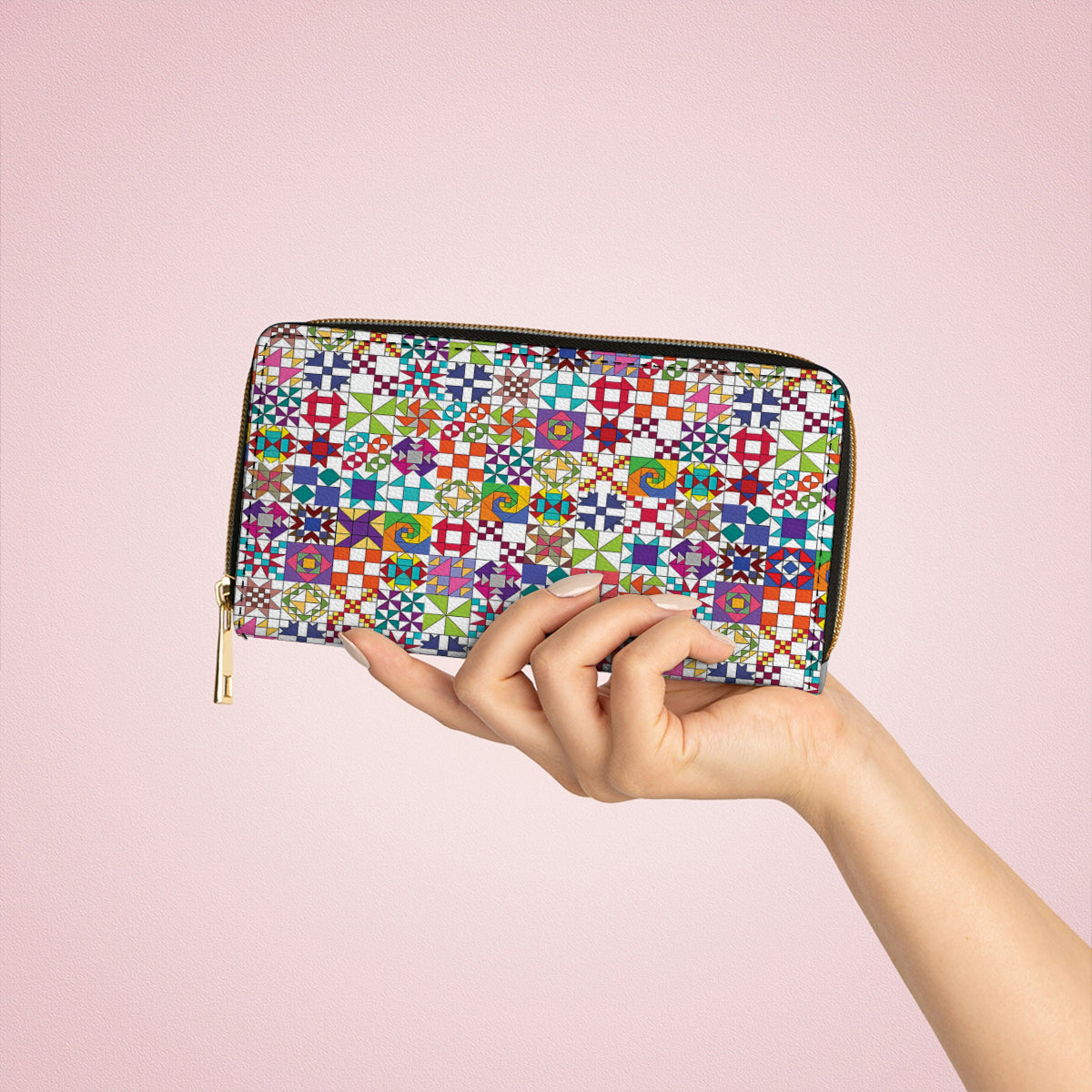  Leather Clutch Purse With Wristlet Strap Handle Colorful Quilting Blocks