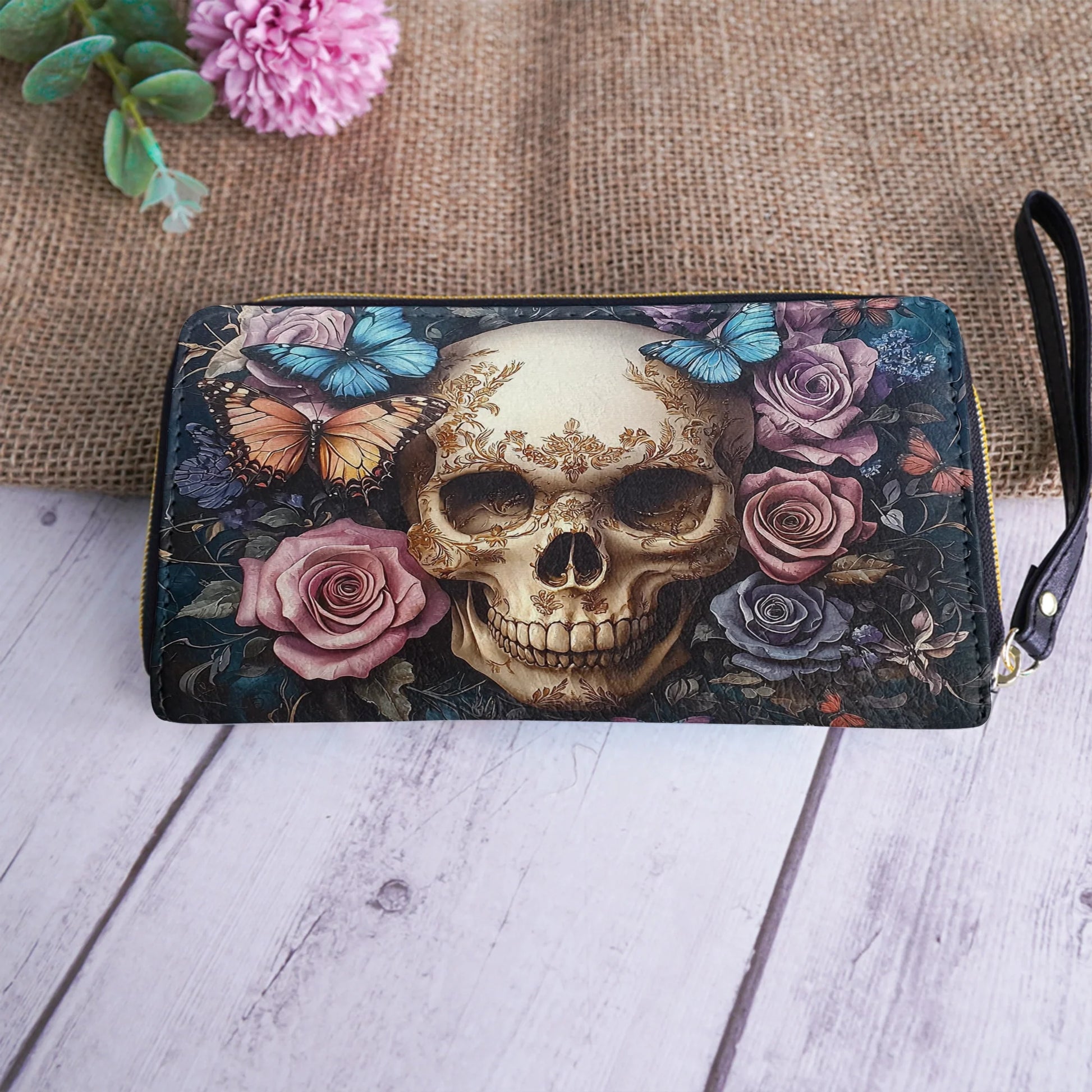  Leather Clutch Purse With Wristlet Strap Handle Skull Eternal Serenade