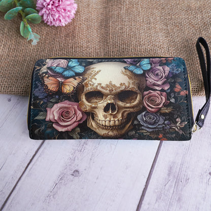  Leather Clutch Purse With Wristlet Strap Handle Skull Eternal Serenade