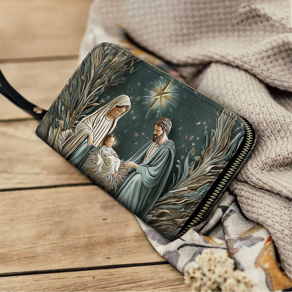  Leather Clutch Purse With Wristlet Strap Handle Divine Silent Night Nativity
