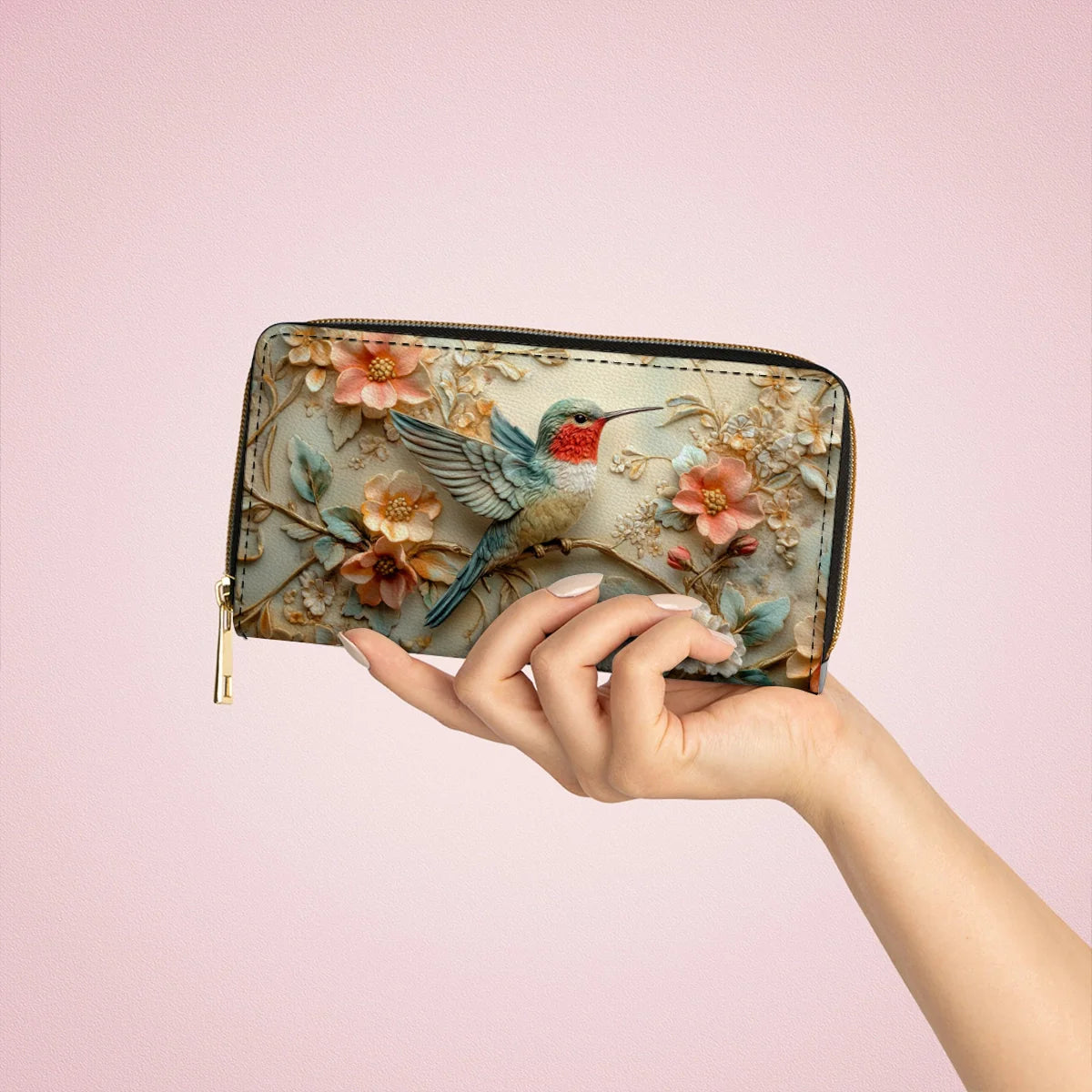  Leather Clutch Purse With Wristlet Strap Handle Hummingbird Whisper