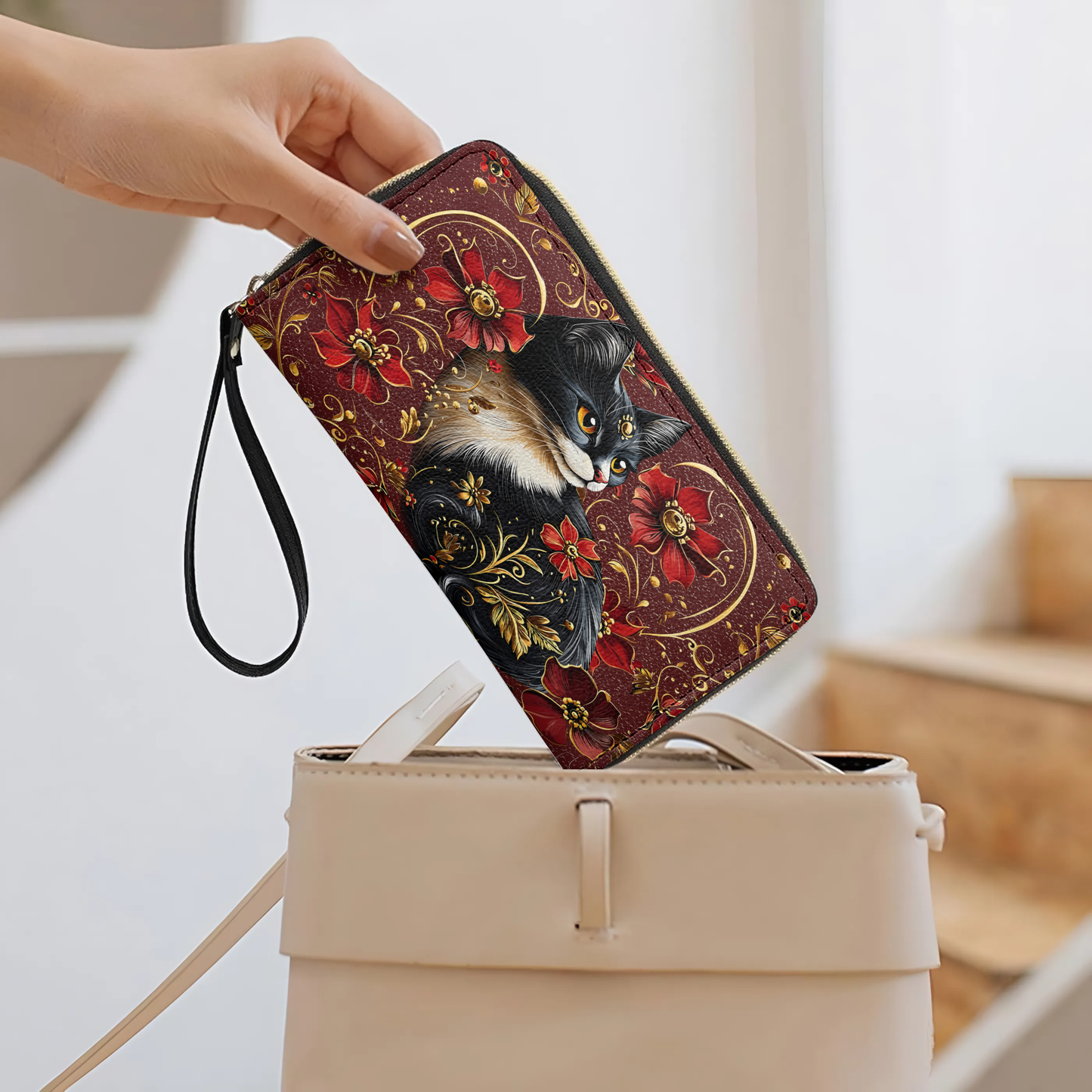  Leather Clutch Purse With Wristlet Strap Handle Leather Bag Midnight Bloom
