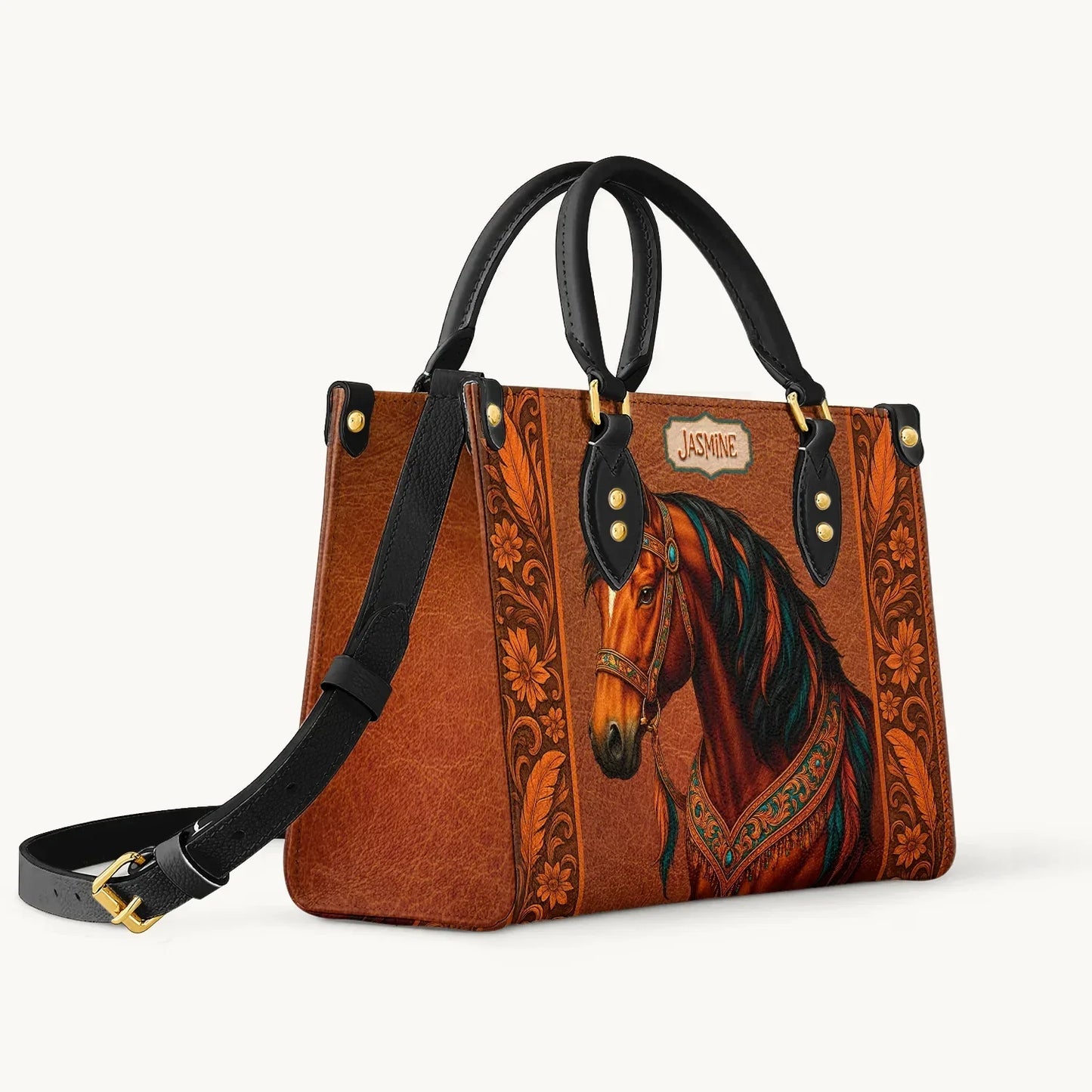  Personalized Regal Horse Bloom Leather Bag