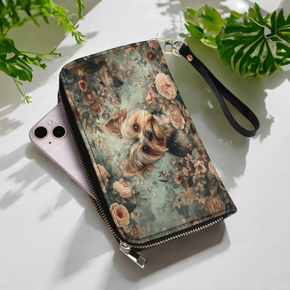  Leather Clutch Purse With Wristlet Strap Handle Yorkie Blossom Luxe