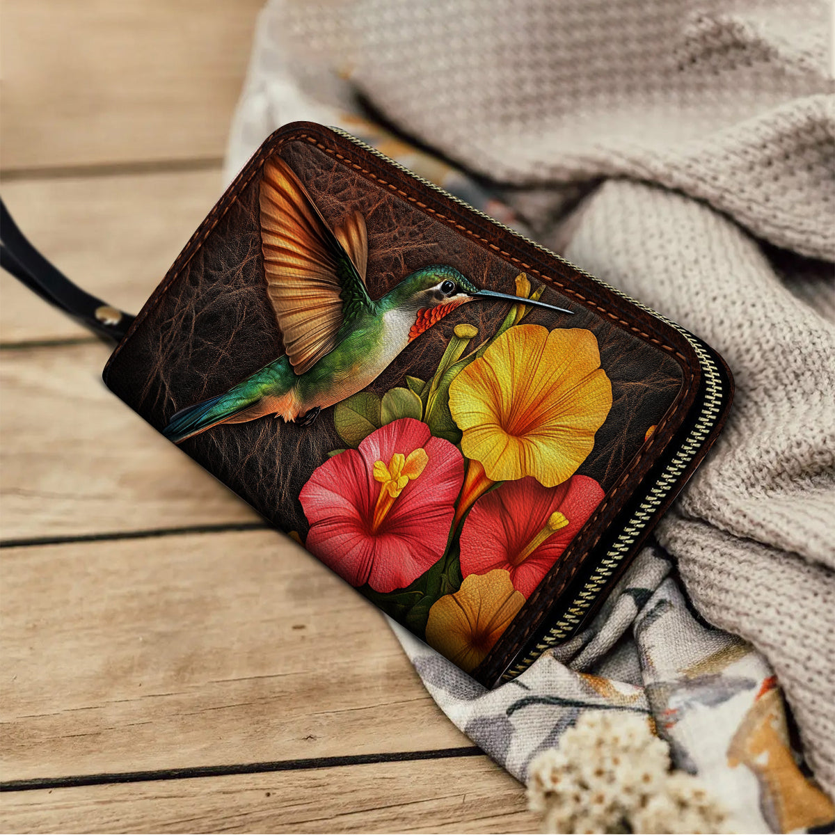  Leather Clutch Purse With Wristlet Strap Handle Tropical Hummingbird