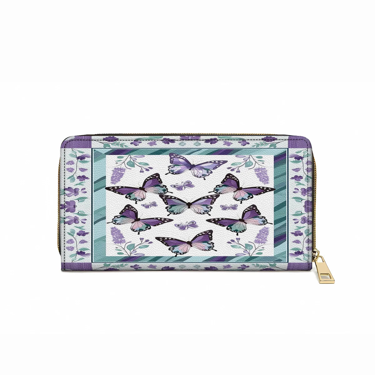  Leather Clutch Purse With Wristlet Strap Handle Purple Butterfly & Floral